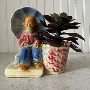 Vintage MCM Shawnee Pottery #617 Asian Man W/ Umbrella Planter Basket Decor USA